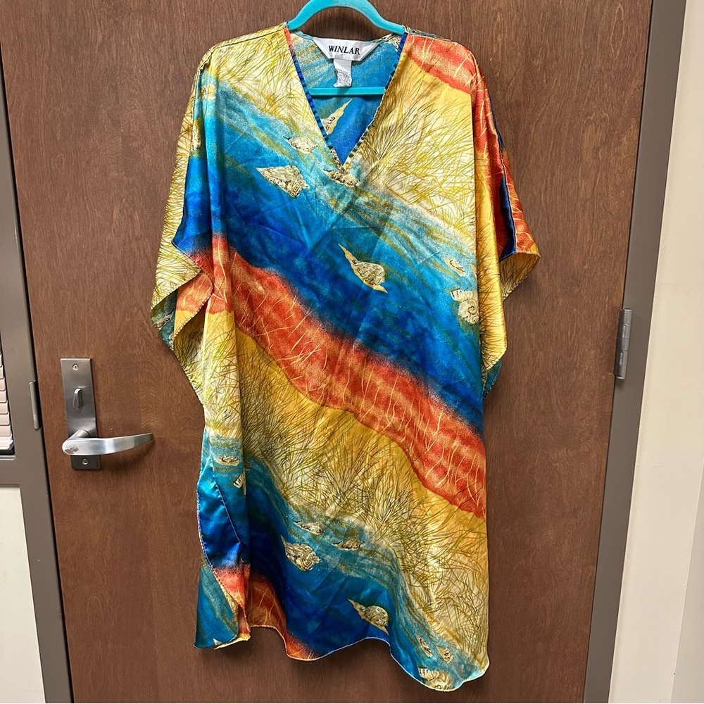 Vintage 70s 80s Winlar Satin Kaftan Mumu OSFM Beachy Seashells v-neck